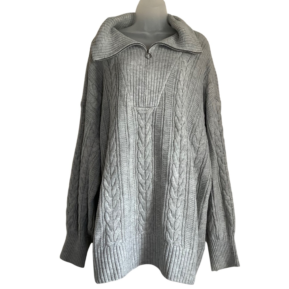 Torrid Gray Cable Knit Quarter Zip Sweater Plus Size 3 3X Funnel Neck Ribbed - Picture 1 of 16